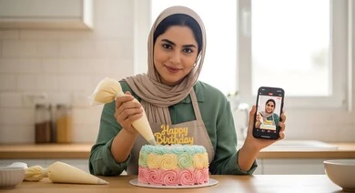 امرأه عربيه سعوديه خليجيه تقوم بتزين كعكة عيد ميلاد عبر بث مباشر على الهاتف المحمول, مهارة صنع الحلوى، الإستمتاع في صنع الطعام، حلويات وسكريات شهية، تصوير وصفات الاطعمة