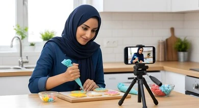 امرأه عربيه سعوديه خليجيه تقوم بتزين البسكويت عبر بث مباشر على الهاتف المحمول, مهارة صنع الحلوى، الإستمتاع في صنع الطعام، حلويات وسكريات شهية، تصوير فيديو تعليمي لوصفات الاطعمة