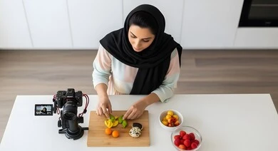 Enjoying cooking, a Saudi Arabian Gulf woman filming a cooking video via mobile phone, enjoying cooking, filming an educational video for food recipes, preparing a healthy recipe with fresh and delicious fruits Enjoying cooking, a Saudi Arabian Gulf woman filming a cooking video via mobile phone, enjoying cooking, filming an educational video for food recipes, preparing a healthy recipe with fresh and delicious fruits