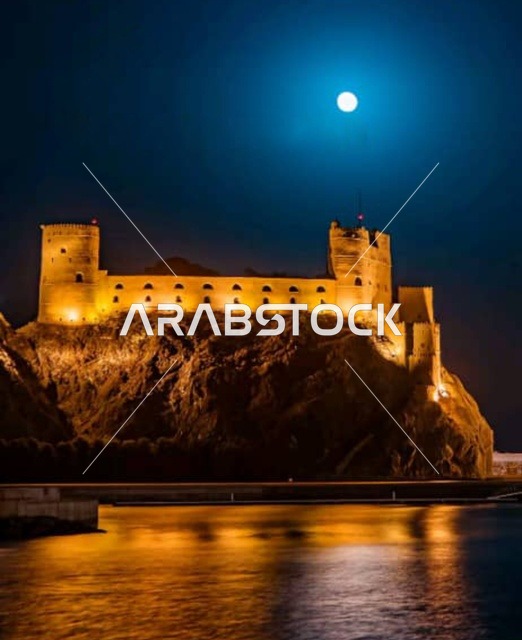 معلم وحصن عسكري تاريخي، موقع استراتيجي مهم مطل على خليج عمان, قلعة الميراني المبنية من الطين في سلطنة عمان المضاءة في وقت الليل ,التصميم والفن الهندسي المعماري على الطراز القديم، معلم ومزار سياحي تراثي مشهور في مدينة مسقط القديمة.