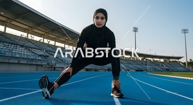 ممارسة التمارين والأنشطة الجسدية، عداءة تشارك في مسابقة الجري، الاهتمام بالصحة واللياقة، امرأة عربية خليجية سعودية رياضية محجبة ترتدي الملابس الرياضية تقوم بتمارين الإطالة على مضمار الجري، النظر غلى الكاميرا بتعابيرا التحدي والاستعداد