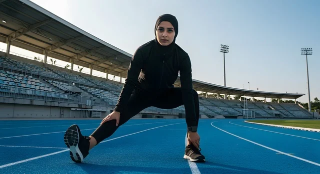 ممارسة التمارين والأنشطة الجسدية، عداءة تشارك في مسابقة الجري، الاهتمام بالصحة واللياقة، امرأة عربية خليجية سعودية رياضية محجبة ترتدي الملابس الرياضية تقوم بتمارين الإطالة على مضمار الجري، النظر غلى الكاميرا بتعابيرا التحدي والاستعداد