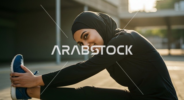 ممارسة التمارين والأنشطة الجسدية، عداءة تشارك في مسابقة الجري، الاهتمام بالصحة واللياقة، امرأة عربية خليجية سعودية رياضية محجبة ترتدي الملابس الرياضية تقوم بتمارين الإطالة على مضمار الجري، النظر غلى الكاميرا بتعابيرا التحدي والاستعداد