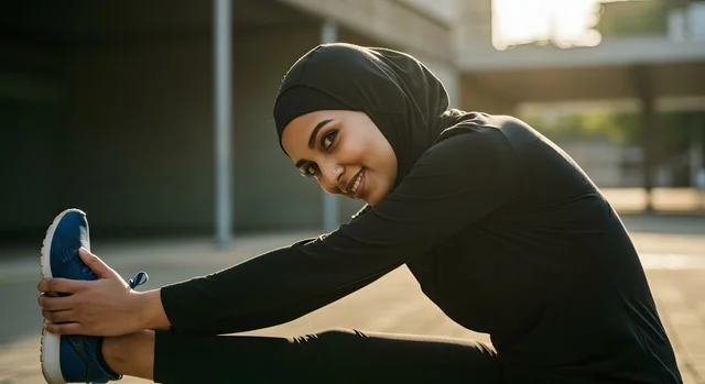 ممارسة التمارين والأنشطة الجسدية، عداءة تشارك في مسابقة الجري، الاهتمام بالصحة واللياقة، امرأة عربية خليجية سعودية رياضية محجبة ترتدي الملابس الرياضية تقوم بتمارين الإطالة على مضمار الجري، النظر غلى الكاميرا بتعابيرا التحدي والاستعداد