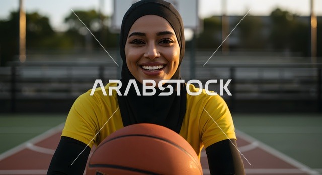 Preparing to shoot a goal, doing exercises, practicing basketball, maintaining physical fitness, recreational activities and women's sports, a veiled Saudi Arabian Gulf Arab player wearing sportswear holding a basketball, healthy lifestyle