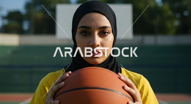 الاستعداد لتصويب الهدف، إجراء تمرينات رياضية، التدرب على إتقان لعب كرة السلة، المحافظة على اللياقة البدنية، أنشطة ترفيهية ورياضات نسائية، لاعبة عربية خليجية سعودية محجبة ترتدي ملابس رياضية تحمل بيدها كرة السلة، أسلوب الحياة الصحية