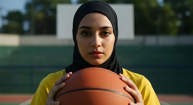 الاستعداد لتصويب الهدف، إجراء تمرينات رياضية، التدرب على إتقان لعب كرة السلة، المحافظة على اللياقة البدنية، أنشطة ترفيهية ورياضات نسائية، لاعبة عربية خليجية سعودية محجبة ترتدي ملابس رياضية تحمل بيدها كرة السلة، أسلوب الحياة الصحية