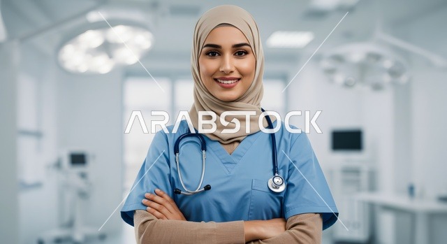 Gestures of self-confidence and cheerfulness, providing medical assistance to patients, working in health centers and hospitals, close-up of a smiling Saudi Arabian Gulf female doctor wearing a white medical coat and an examination stethoscope looking at the camera, concept of medicine and healthcare