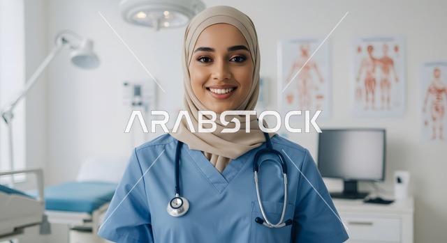 إيماءات الثقة بالنفس والبشاشة, تقديم المساعده الطبية للمرضى, العمل في المراكز الصحية والمستشفيات, صورة مقربة لطبيبة عربية خليجية سعودية مبتسمة ترتدي المعطف الطبي الأبيض وسماعة الفحص تنظر إلى الكاميرا, مفهوم الطب والرعاية الصحية