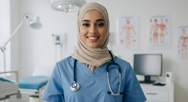 إيماءات الثقة بالنفس والبشاشة, تقديم المساعده الطبية للمرضى, العمل في المراكز الصحية والمستشفيات, صورة مقربة لطبيبة عربية خليجية سعودية مبتسمة ترتدي المعطف الطبي الأبيض وسماعة الفحص تنظر إلى الكاميرا, مفهوم الطب والرعاية الصحية