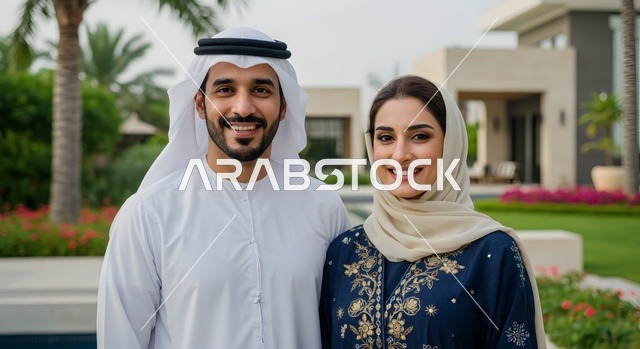 بناء أسرة متفاهمة ومتماسكة، صورة مقربة لزوجين عربيين خليجيين اماراتيين يرتديان الملابس الاماراتية التقليدية يقفان في حديقة منزل فاخر، النظر إلى الكاميرا بإيماءات السعادة والسرور، مفهوم العلاقات الزوجية الناجحة، تقوية روابط المحبة والمودة بين الأزواج