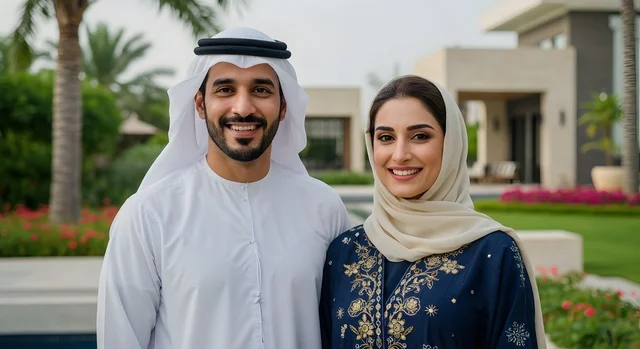 بناء أسرة متفاهمة ومتماسكة، صورة مقربة لزوجين عربيين خليجيين اماراتيين يرتديان الملابس الاماراتية التقليدية يقفان في حديقة منزل فاخر، النظر إلى الكاميرا بإيماءات السعادة والسرور، مفهوم العلاقات الزوجية الناجحة، تقوية روابط المحبة والمودة بين الأزواج