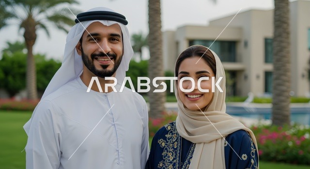 بناء أسرة متفاهمة ومتماسكة، صورة مقربة لزوجين عربيين خليجيين اماراتيين يرتديان الملابس الاماراتية التقليدية يقفان في حديقة منزل فاخر، النظر إلى الكاميرا بإيماءات السعادة والسرور، مفهوم العلاقات الزوجية الناجحة، تقوية روابط المحبة والمودة بين الأزواج