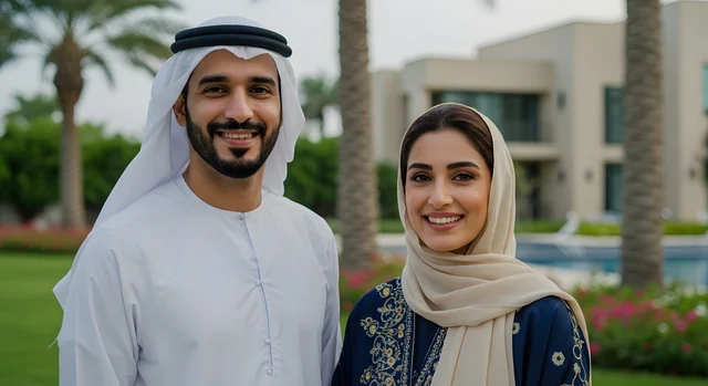 Building a harmonious and cohesive family, a close-up photo of an Emirati Gulf Arab couple wearing traditional Emirati clothing standing in the garden of a luxury home, looking at the camera with gestures of happiness and pleasure, the concept of successful marital relations, strengthening the bonds of love and affection between spouses