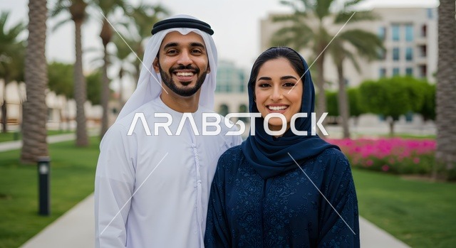 بناء أسرة متفاهمة ومتماسكة، صورة مقربة لزوجين عربيين خليجيين اماراتيين يرتديان الملابس الاماراتية التقليدية يقفان في حديقة منزل فاخر، النظر إلى الكاميرا بإيماءات السعادة والسرور، مفهوم العلاقات الزوجية الناجحة، تقوية روابط المحبة والمودة بين الأزواج