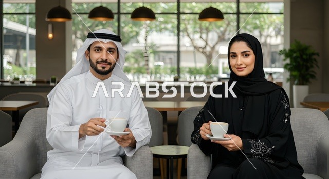 قضاء وقت ممتع مع الزوجة، بناء أسرة متفاهمة ومتماسكة، زوجان عربيان خليجيان اماراتيان يرتديان الملابس الاماراتية التقليدية يقومان بشرب القهوة في المقهى، النظر إلى الكاميرا بإيماءات السرور، مفهوم العلاقات الزوجية الناجحة، تقوية روابط المحبة والمودة بين الأزواج
