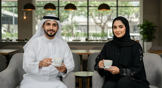 Spending quality time with your wife, building a harmonious and cohesive family, an Emirati Gulf Arab couple wearing traditional Emirati clothes drinking coffee in a cafe, looking at the camera with gestures of pleasure, the concept of successful marital relations, strengthening the bonds of love and affection between spouses
