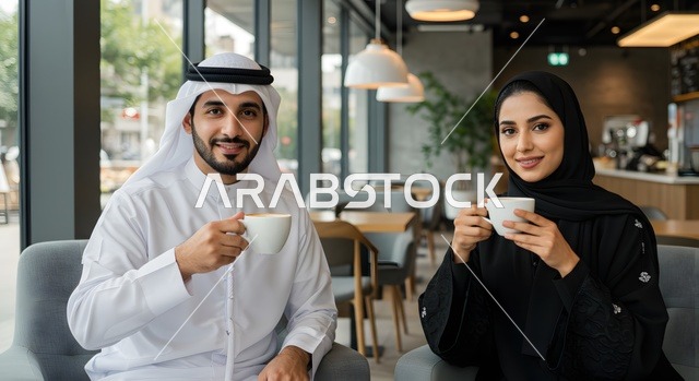 قضاء وقت ممتع مع الزوجة، بناء أسرة متفاهمة ومتماسكة، زوجان عربيان خليجيان اماراتيان يرتديان الملابس الاماراتية التقليدية يقومان بشرب القهوة في المقهى، النظر إلى الكاميرا بإيماءات السرور، مفهوم العلاقات الزوجية الناجحة، تقوية روابط المحبة والمودة بين الأزواج