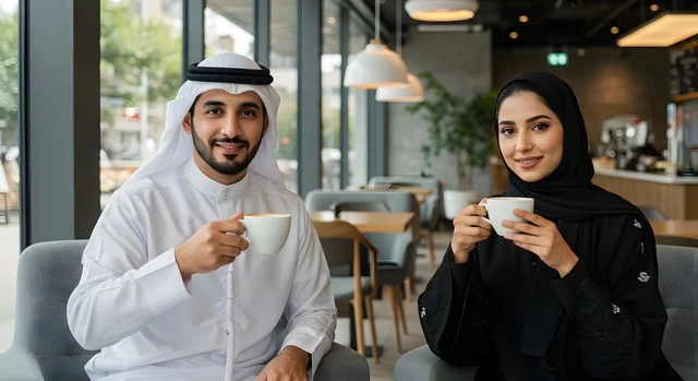 قضاء وقت ممتع مع الزوجة، بناء أسرة متفاهمة ومتماسكة، زوجان عربيان خليجيان اماراتيان يرتديان الملابس الاماراتية التقليدية يقومان بشرب القهوة في المقهى، النظر إلى الكاميرا بإيماءات السرور، مفهوم العلاقات الزوجية الناجحة، تقوية روابط المحبة والمودة بين الأزواج