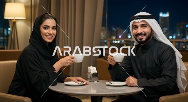 قضاء وقت ممتع مع الزوجة، بناء أسرة متفاهمة ومتماسكة، زوجان عربيان خليجيان اماراتيان يرتديان الملابس الاماراتية التقليدية يقومان بشرب القهوة في المقهى، النظر إلى الكاميرا بإيماءات السرور، مفهوم العلاقات الزوجية الناجحة، تقوية روابط المحبة والمودة بين الأزواج