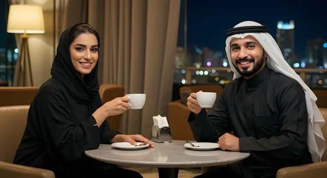 قضاء وقت ممتع مع الزوجة، بناء أسرة متفاهمة ومتماسكة، زوجان عربيان خليجيان اماراتيان يرتديان الملابس الاماراتية التقليدية يقومان بشرب القهوة في المقهى، النظر إلى الكاميرا بإيماءات السرور، مفهوم العلاقات الزوجية الناجحة، تقوية روابط المحبة والمودة بين الأزواج