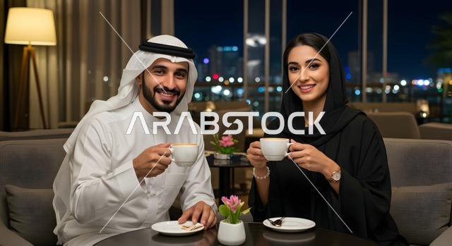 Spending quality time with your wife, building a harmonious and cohesive family, an Emirati Gulf Arab couple wearing traditional Emirati clothes drinking coffee in a cafe, looking at the camera with gestures of pleasure, the concept of successful marital relations, strengthening the bonds of love and affection between spouses