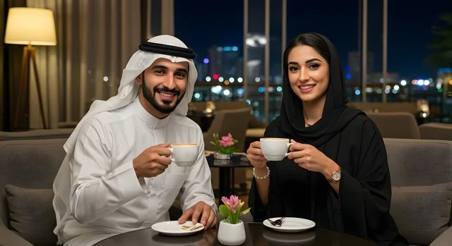 Spending quality time with your wife, building a harmonious and cohesive family, an Emirati Gulf Arab couple wearing traditional Emirati clothes drinking coffee in a cafe, looking at the camera with gestures of pleasure, the concept of successful marital relations, strengthening the bonds of love and affection between spouses
