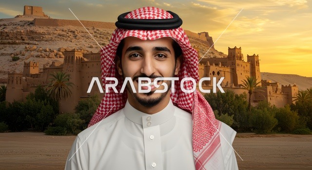 Ancient historical monuments during the day, the terrain of the mountain peaks and heights in Al-Ula Governorate, a close-up of a smiling Saudi Arabian Gulf man wearing traditional clothing enjoying the deserts of the Kingdom, rock formations in desert areas, famous tourist places in Saudi Arabia