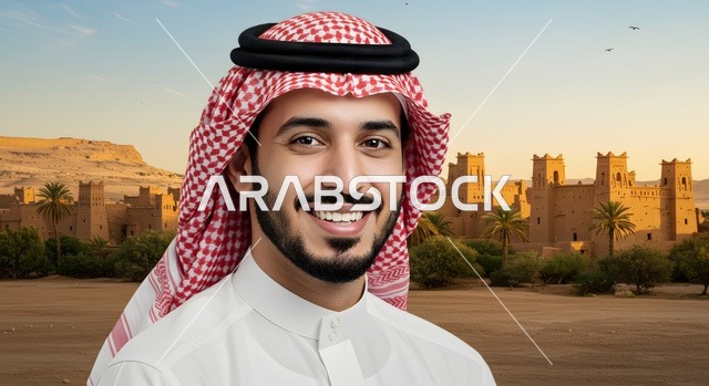 معالم اثرية تاريخية قديمة في النهار، التضاريس في القمم والمرتفعات الجبلية في محافظة العلا، صورة مقربة لرجل عربي خليجي سعودي مبتسم يرتدي الزي التقليدي يستمتع في صحاري المملكة, التكوينات الصخرية في المناطق الصحراوية، اماكن سياحية مشهورة في السعودية
