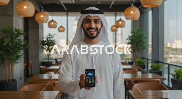 سهولة الدفع عبر بطاقة الصراف، رجل عربي خليجي اماراتي يرتدي الزي الكندورة والغترة يقف أمام في المطعم  يقوم بالدفع بطريقة الكترونية بإستخدام بطاقة الإئتمان البنكية  والهاتف المحمول، النظر إلى الكاميرا بإيماءات السرور