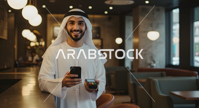سهولة الدفع عبر بطاقة الصراف، رجل عربي خليجي اماراتي يرتدي الزي الكندورة والغترة يقف أمام في المطعم  يقوم بالدفع بطريقة الكترونية بإستخدام بطاقة الإئتمان البنكية  والهاتف المحمول، النظر إلى الكاميرا بإيماءات السرور