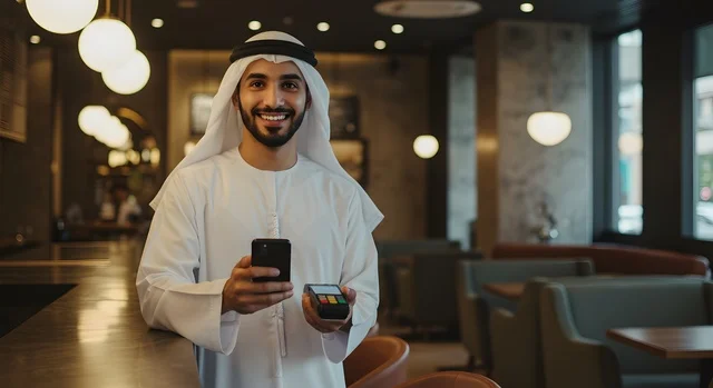 سهولة الدفع عبر بطاقة الصراف، رجل عربي خليجي اماراتي يرتدي الزي الكندورة والغترة يقف أمام في المطعم  يقوم بالدفع بطريقة الكترونية بإستخدام بطاقة الإئتمان البنكية  والهاتف المحمول، النظر إلى الكاميرا بإيماءات السرور