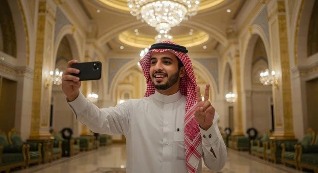 الاحتفاظ بالصور واللحظات التذكارية، رجل عربي خليجي سعودي مبتسم يرتدي الثوب والشماغ التقليدي يقوم بالتقاط صورة سيلفي باستخدام الهاتف المحمول في قاعة فاخرة، استخدام التقنية الحديقة والمطورة، ايماءات السعادة والسرور