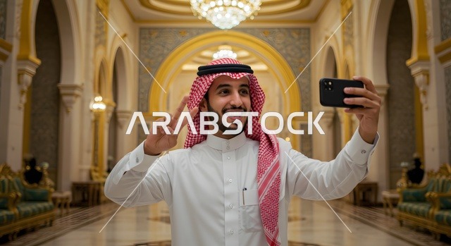 الاحتفاظ بالصور واللحظات التذكارية، رجل عربي خليجي سعودي مبتسم يرتدي الثوب والشماغ التقليدي يقوم بالتقاط صورة سيلفي باستخدام الهاتف المحمول في قاعة فاخرة، استخدام التقنية الحديقة والمطورة، ايماءات السعادة والسرور
