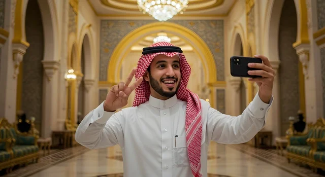 الاحتفاظ بالصور واللحظات التذكارية، رجل عربي خليجي سعودي مبتسم يرتدي الثوب والشماغ التقليدي يقوم بالتقاط صورة سيلفي باستخدام الهاتف المحمول في قاعة فاخرة، استخدام التقنية الحديقة والمطورة، ايماءات السعادة والسرور