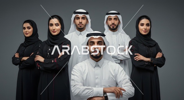 متابعة إنجازات مهام الموظفين، الرغبة في تعلم أساليب العمل والتطوير المهني، بورتريه لفريق عمل عربيين خليجيين اماراتيين ينظرون إلى الكاميرا بتعابير الثقة بالنفس، تطوير الخطط وحل المشكلات لتحقيق أهداف الشركة، العمل الجماعي وروح الفريق الواحد، خلفية رمادية