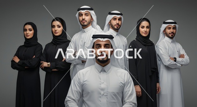 متابعة إنجازات مهام الموظفين، الرغبة في تعلم أساليب العمل والتطوير المهني، بورتريه لفريق عمل عربيين خليجيين اماراتيين ينظرون إلى الكاميرا بتعابير الثقة بالنفس، تطوير الخطط وحل المشكلات لتحقيق أهداف الشركة، العمل الجماعي وروح الفريق الواحد، خلفية رمادية