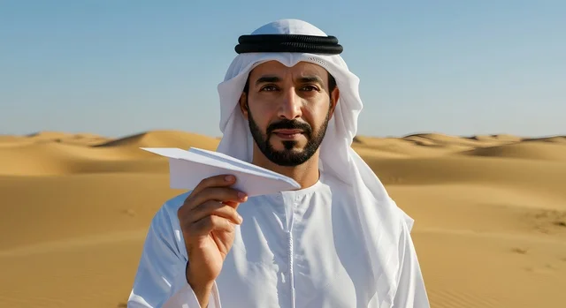 Desert safari, landmarks and tourist attractions, close-up of an Emirati Gulf Arab man wearing a kandura and ghutra looking at the camera and holding a kite, enjoying the natural scenery, soft sand dunes and hills