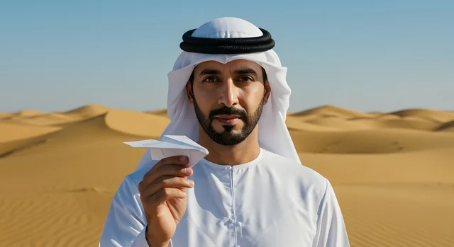 Desert safari, landmarks and tourist attractions, close-up of an Emirati Gulf Arab man wearing a kandura and ghutra looking at the camera and holding a kite, enjoying the natural scenery, soft sand dunes and hills
