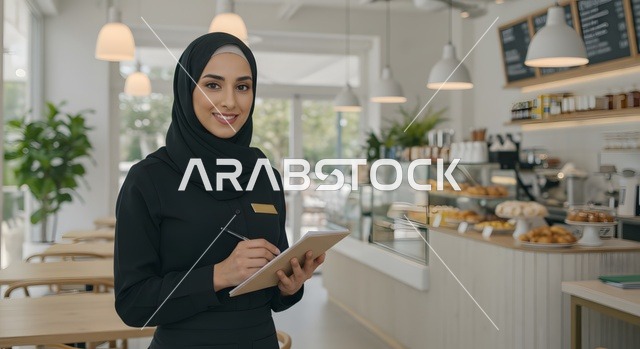 تقديم الطلبات للزبائن بسرعة وجهوزية عالية، نادلة عربية خليجية سعودية محجبة ترتدي اليونيفورم تنظر إلى الكاميرا بإيماءات السعادة، العمل في الكافيهات والمطاعم الفاخرة في المملكة العربية السعودية