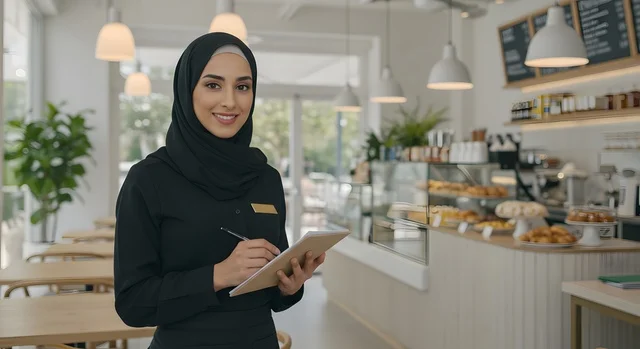 تقديم الطلبات للزبائن بسرعة وجهوزية عالية، نادلة عربية خليجية سعودية محجبة ترتدي اليونيفورم تنظر إلى الكاميرا بإيماءات السعادة، العمل في الكافيهات والمطاعم الفاخرة في المملكة العربية السعودية