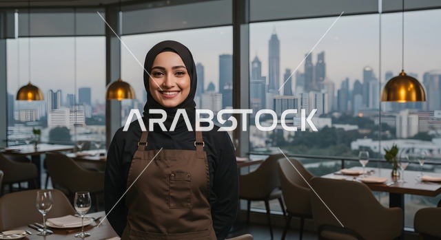 تقديم الطلبات للزبائن بسرعة وجهوزية عالية، نادلة عربية خليجية سعودية محجبة ترتدي اليونيفورم تنظر إلى الكاميرا بإيماءات السعادة، العمل في الكافيهات والمطاعم الفاخرة في المملكة العربية السعودية