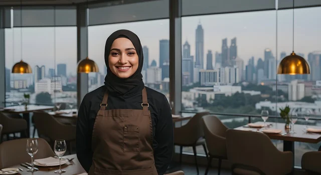 تقديم الطلبات للزبائن بسرعة وجهوزية عالية، نادلة عربية خليجية سعودية محجبة ترتدي اليونيفورم تنظر إلى الكاميرا بإيماءات السعادة، العمل في الكافيهات والمطاعم الفاخرة في المملكة العربية السعودية