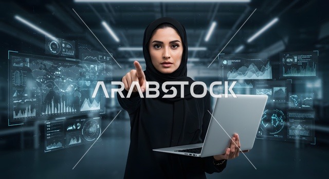 Pointing index finger forward, managing internet servers, close-up of a veiled Saudi Arabian Gulf woman holding a laptop working in a data center, managing servers using technical equipment, development of techniques and technology, data center