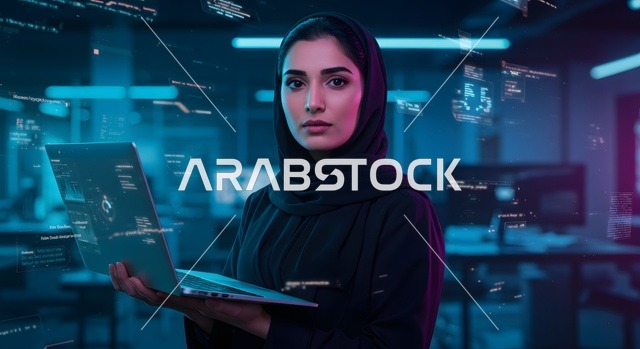 إدارة خوادم الانترنت و السيرفرات ، صورة مقربة لامرأة عربية خليجية سعودية محجبة تحمل بيدها الحاسوب المحمول تعمل في مركز بيانات، إدارة الخوادم باستخدام الجهاز التقني، تطور التقنيات والتكنولوجيا ، مركز البيانات داتا سنتر
