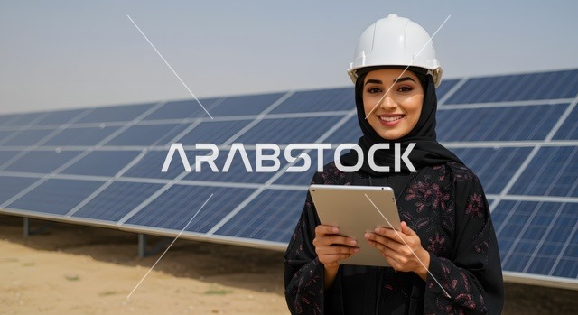 الواح وستلايت انتاج الطاقة الكهروضوئية, صورة مقربة لمهندسة عربية خليجية سعودية محجبة ترتدي خوذة الحماية تحمل بيدها جهاز التابليت تنظر إلى الكاميرا بإيماءات السرور، الاطلاع على المخططات لهندسية لتركيب الألواح الشمسية, توليد الكهرباء باستخدام الطاقة البديلة والمتجددة