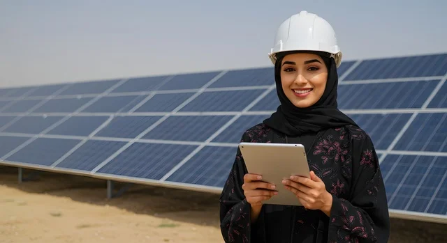 الواح وستلايت انتاج الطاقة الكهروضوئية, صورة مقربة لمهندسة عربية خليجية سعودية محجبة ترتدي خوذة الحماية تحمل بيدها جهاز التابليت تنظر إلى الكاميرا بإيماءات السرور، الاطلاع على المخططات لهندسية لتركيب الألواح الشمسية, توليد الكهرباء باستخدام الطاقة البديلة والمتجددة