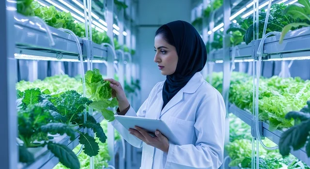 Using modern technical means and devices in agricultural work, a veiled Saudi Arabian Gulf woman wearing a white coat works in a vertical farming laboratory, checking the quality of vegetables using a tablet device.