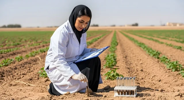 تهئية الأراضي لزراعة الخضراوات والفواكه في الحقول والبساتين الزراعية السعودية، باحثة عربية خليجية سعودية محجبة ترتدي المعطف الابيض تقوم بإجراء اختبارات التربة في حقل زراعي، اخذ عينات من التراب