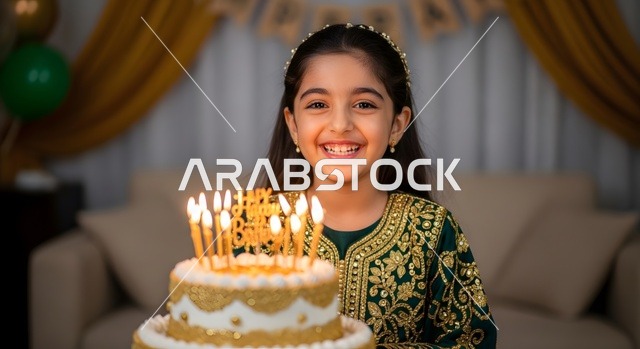 قضاء أوقات ممتعه والاستمتاع بأعياد الميلاد والمناسبات العائلية, فتاة عربية خليجية سعودية ترتدي فستان تقليدي تقف امام قالب الكيك المزين والمضاء بالشموع, تعابير وايماءات السعادة والسرور